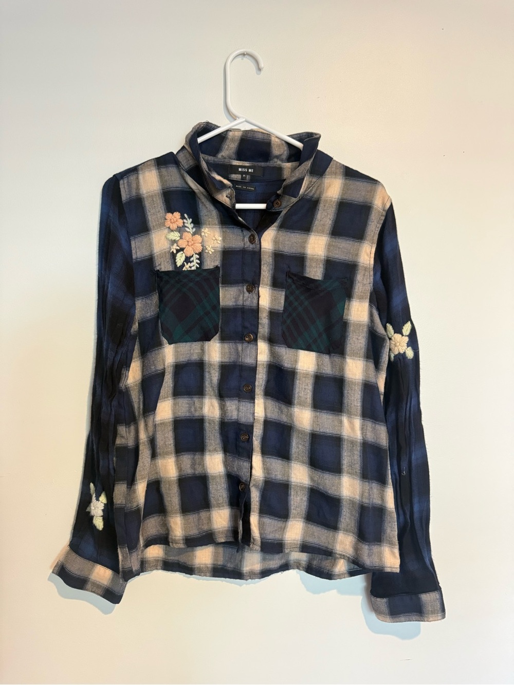 Miss Me Plaid Button-Up Top with Floral Embroidery